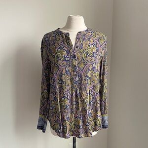 LOFT Paisley Print Henley Tunic Womens Sz Medium Navy Pink Long Sleeve Boho